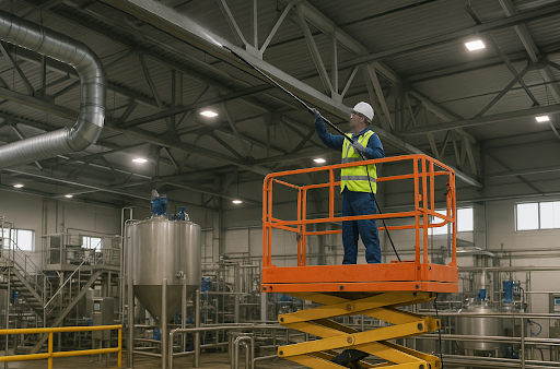 Worker in a factory on a lift, cleaning a ceiling beam with a long-handled tool.