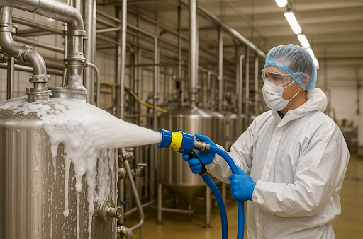 Person in protective gear spraying foam from a hose onto a stainless steel tank in a factory setting.
