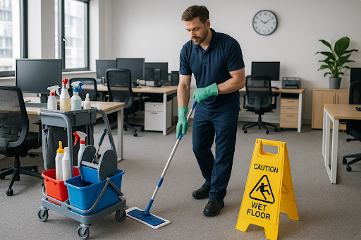Man mopping an office floor, with cleaning supplies and wet floor sign.