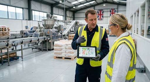 Two factory workers in high-vis vests review a tablet in a manufacturing facility.