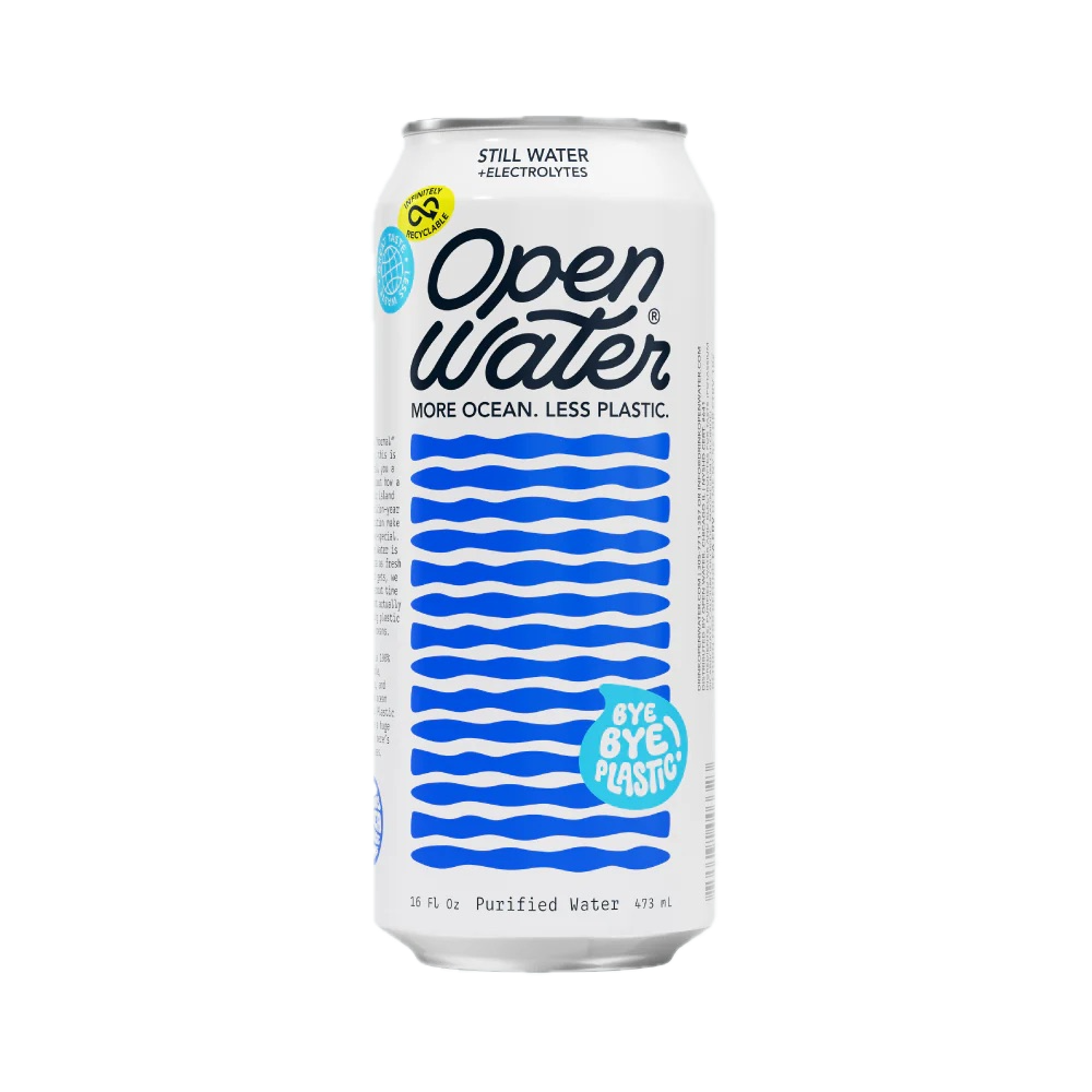 A white can of Open Water brand still water with blue wavy graphics and the text 