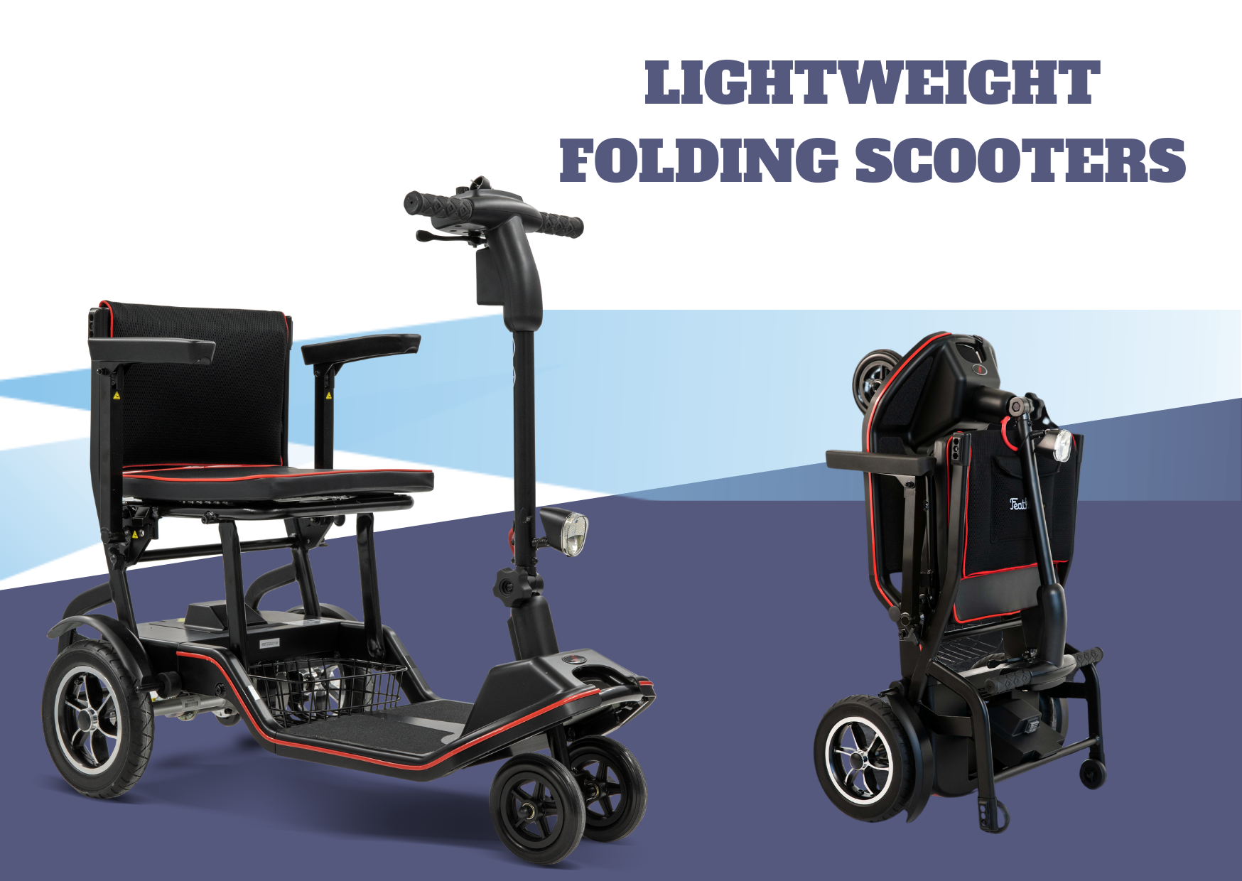 A lightweight folding scooter is shown on a blue and white background.