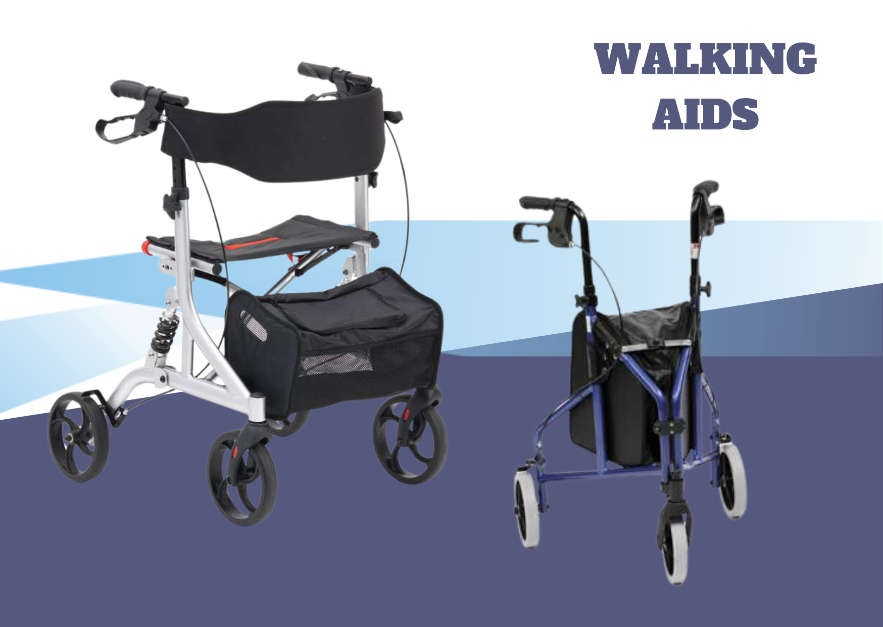 Two walking aids are shown on a blue and white background
