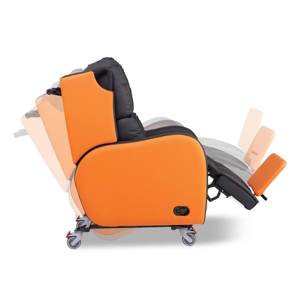 An orange and black recliner with wheels on a white background