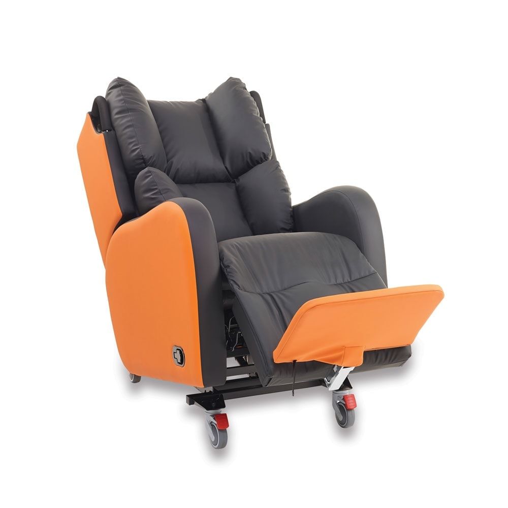 A black and orange recliner with wheels on a white background