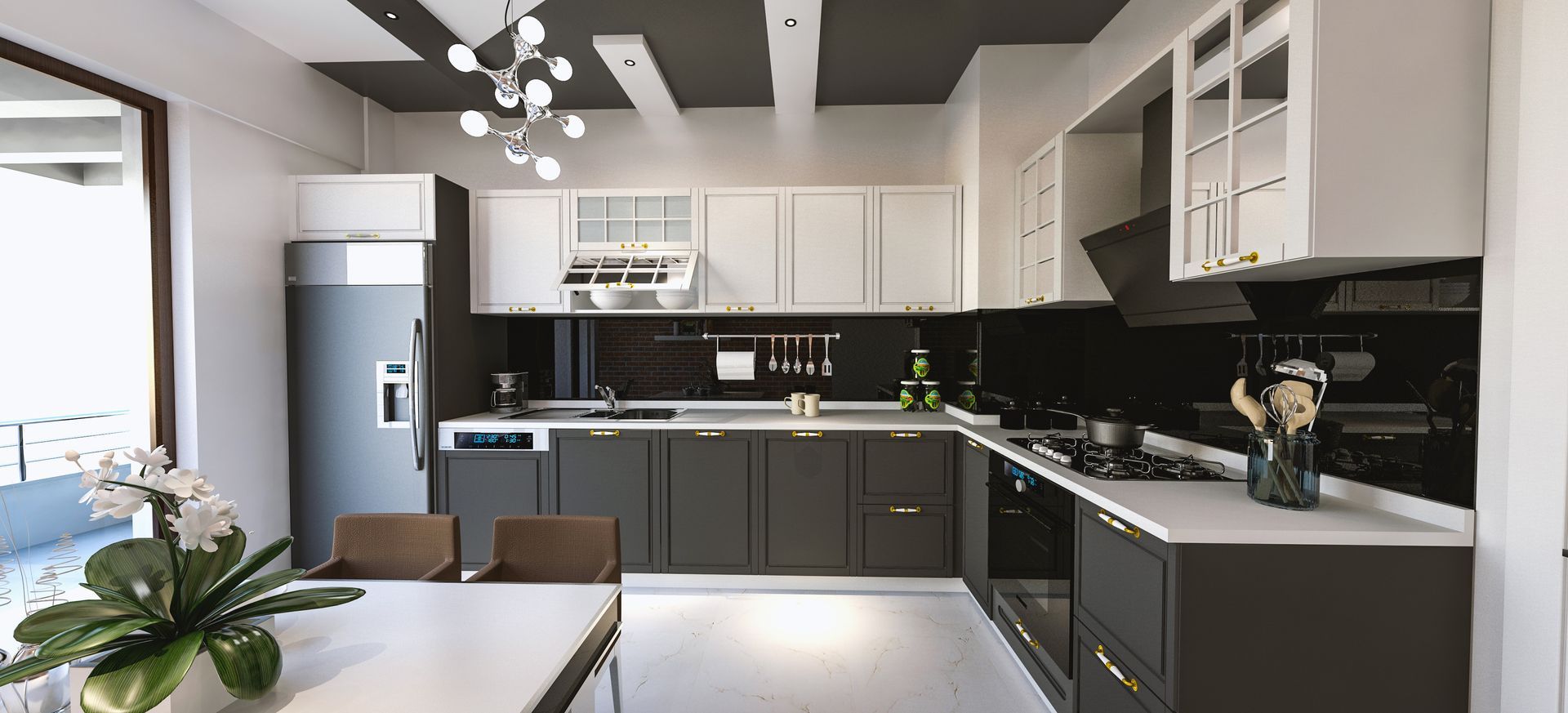 Modern kitchen with white and dark gray cabinets, stainless steel appliances, and a dining table.