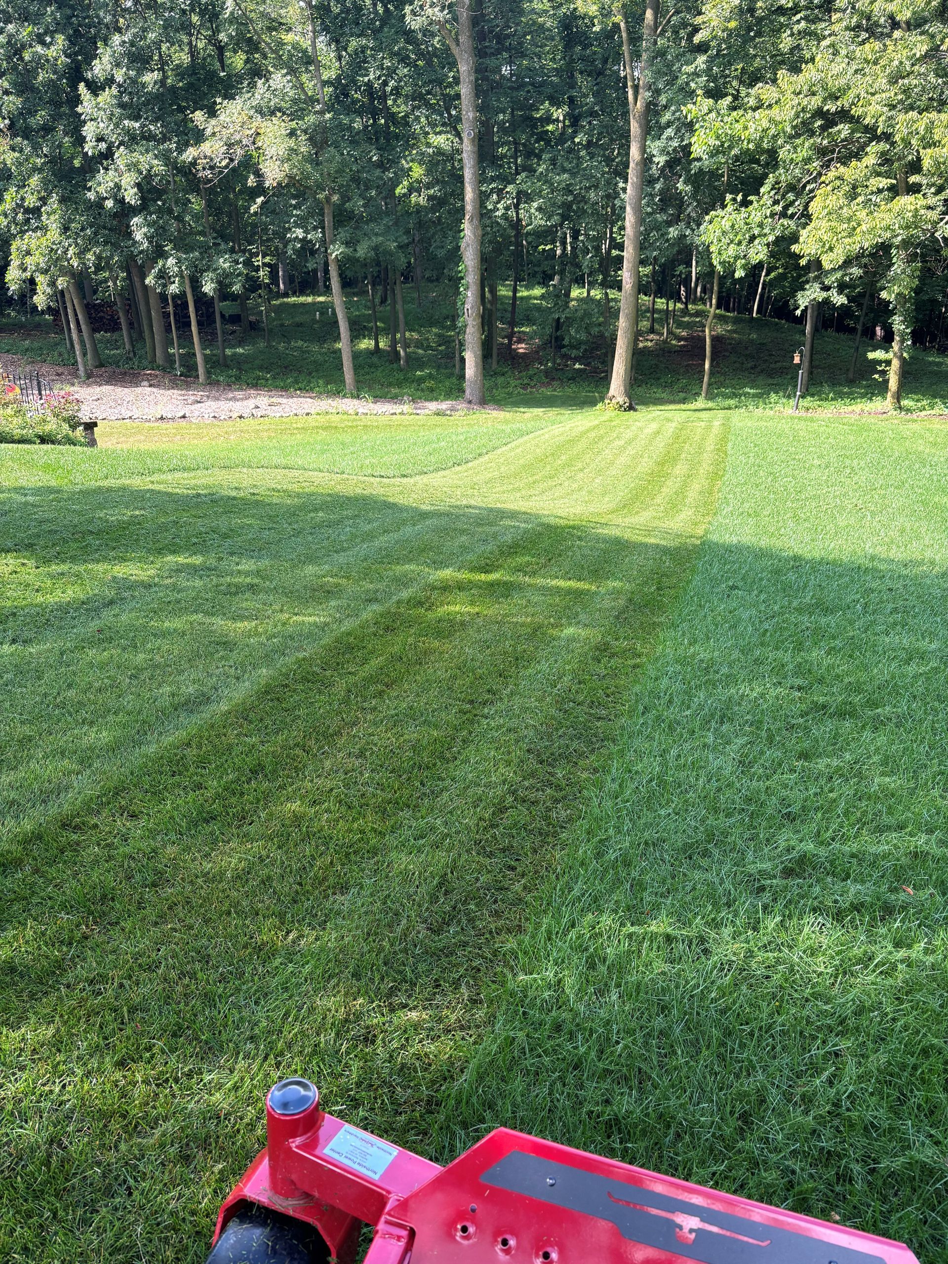 A man is riding a lawn mower on a lush green field.