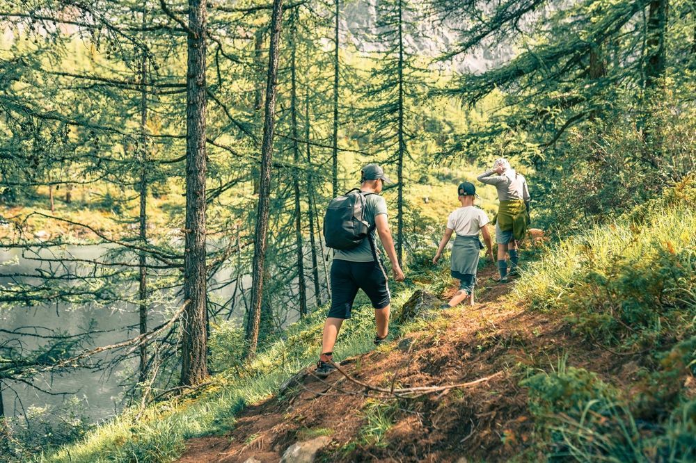 Family hikes uphill on a forest trail, trees on either side, lake visible on left.
