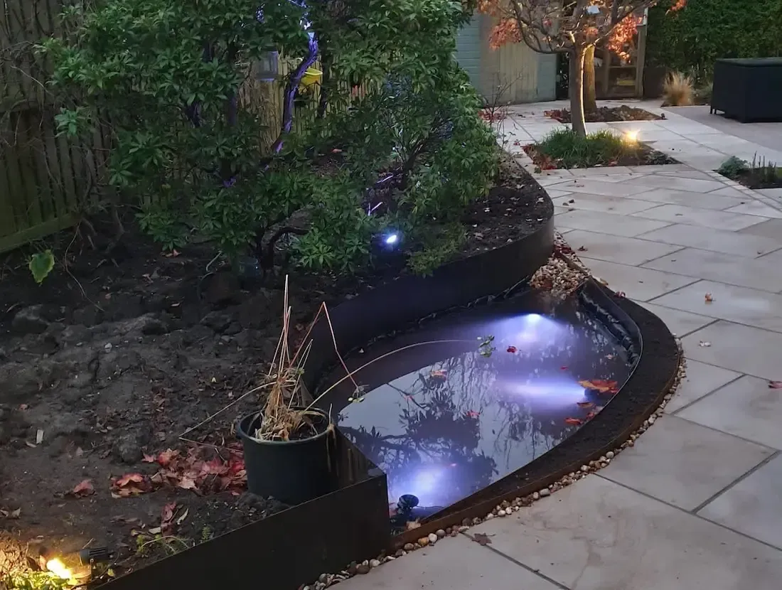 A pond with lights on it and a tree in the background.