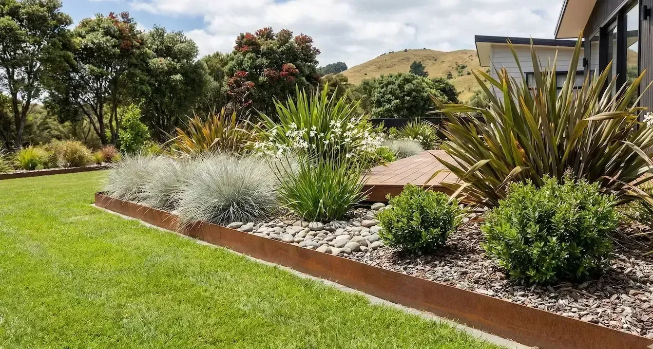 Lawn with a garden bed featuring various plants, rocks, and a rusted metal border, against a backdrop of trees and a hill.