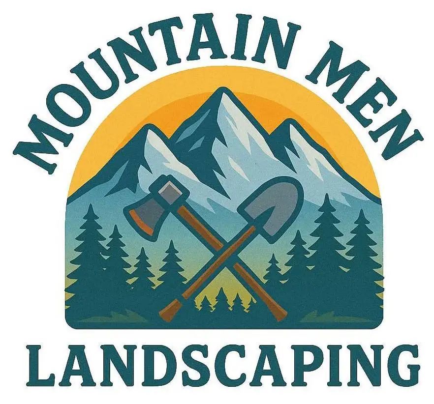 Logo for "Mountain Men Landscaping" featuring crossed axe and shovel in front of mountains and trees.