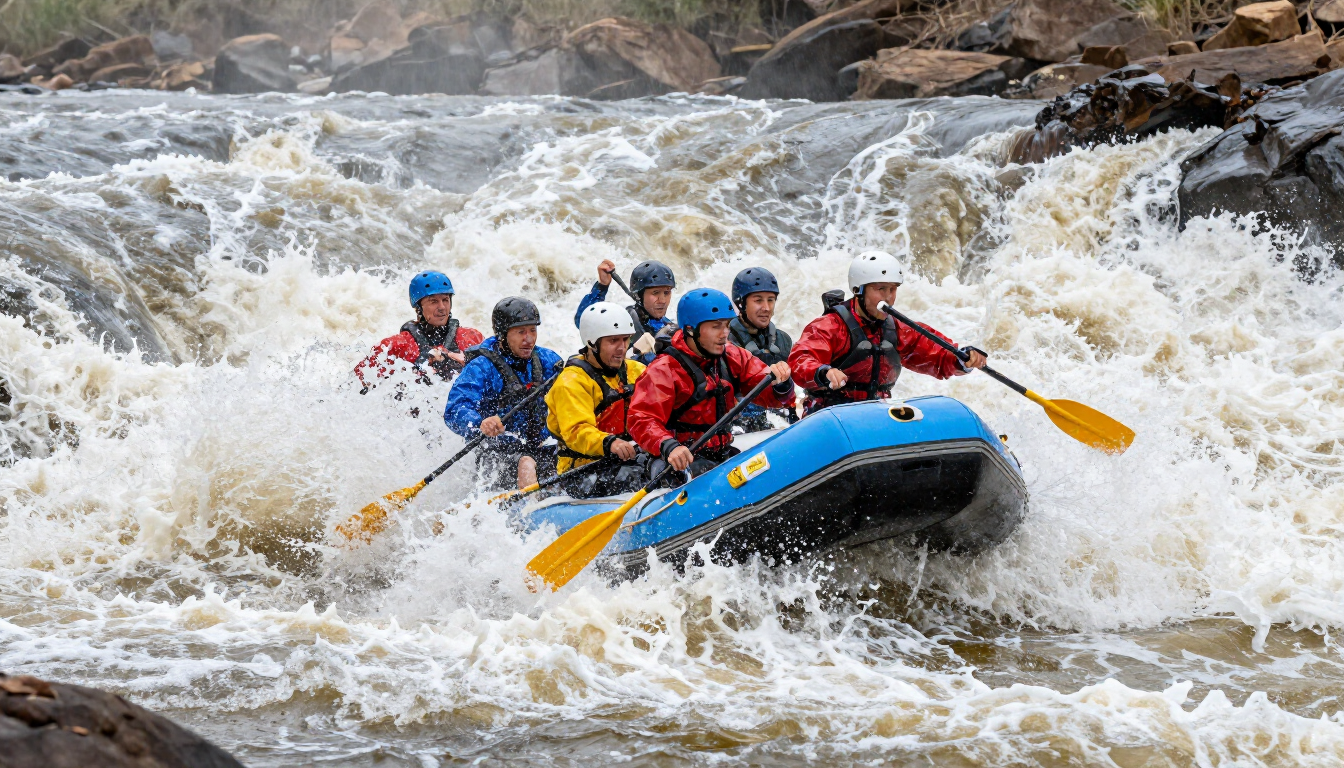 A group of people wearing life jackets and helmets paddle a blue raft through turbulent river rapids.