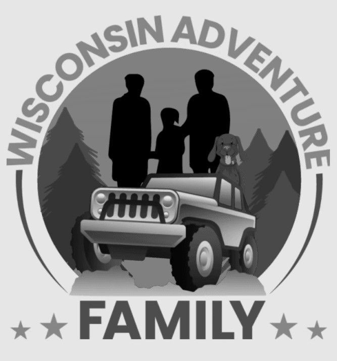 Wisconsin Adventure Family logo: Silhouettes of a family in a Jeep, with trees in the background.