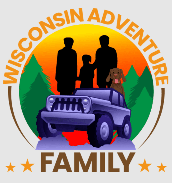 Wisconsin Adventure Family logo: Silhouettes of a family in a Jeep, with trees in the background.