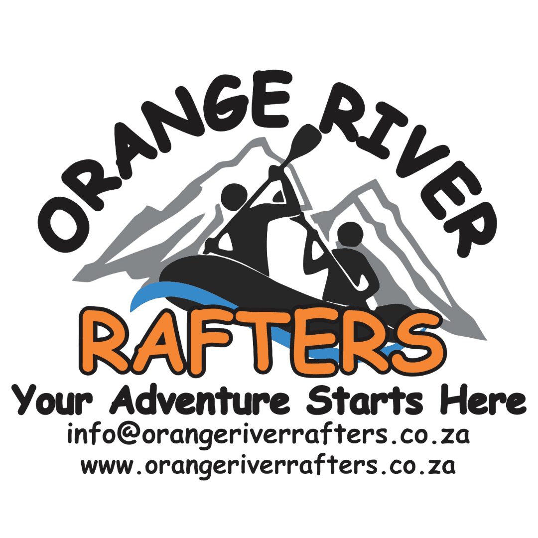 Orange River Rafters logo featuring rafters on a raft, mountains in the background, and text.