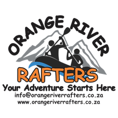 Orange River Rafters logo featuring rafters on a raft, mountains in the background, and text.