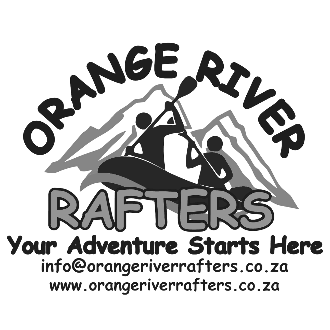 Orange River Rafters logo featuring rafters on a raft, mountains in the background, and text.