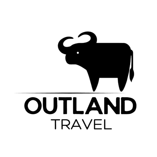 A black and white logo for outland travel with a buffalo on it.