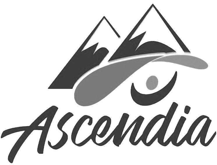 Logo with stylized mountains, a curved shape with a small figure inside, and the word "Ascendia" below.