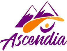 Logo with stylized mountains, a curved shape with a small figure inside, and the word "Ascendia" below.