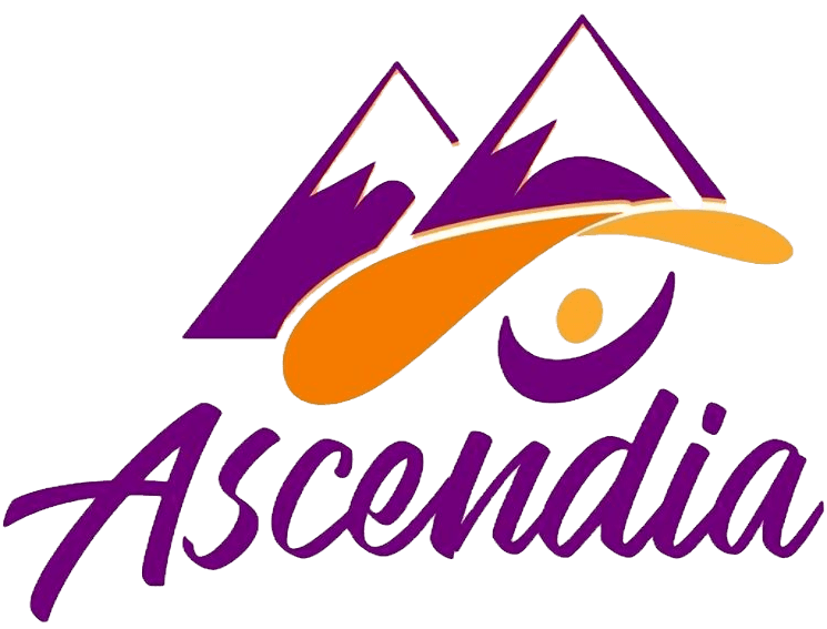 Logo with stylized mountains, a curved shape with a small figure inside, and the word "Ascendia" below.