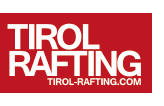 Tirol Rafting logo: white text on a gray rectangle. Website address underneath.