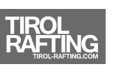 Tirol Rafting logo: white text on a gray rectangle. Website address underneath.