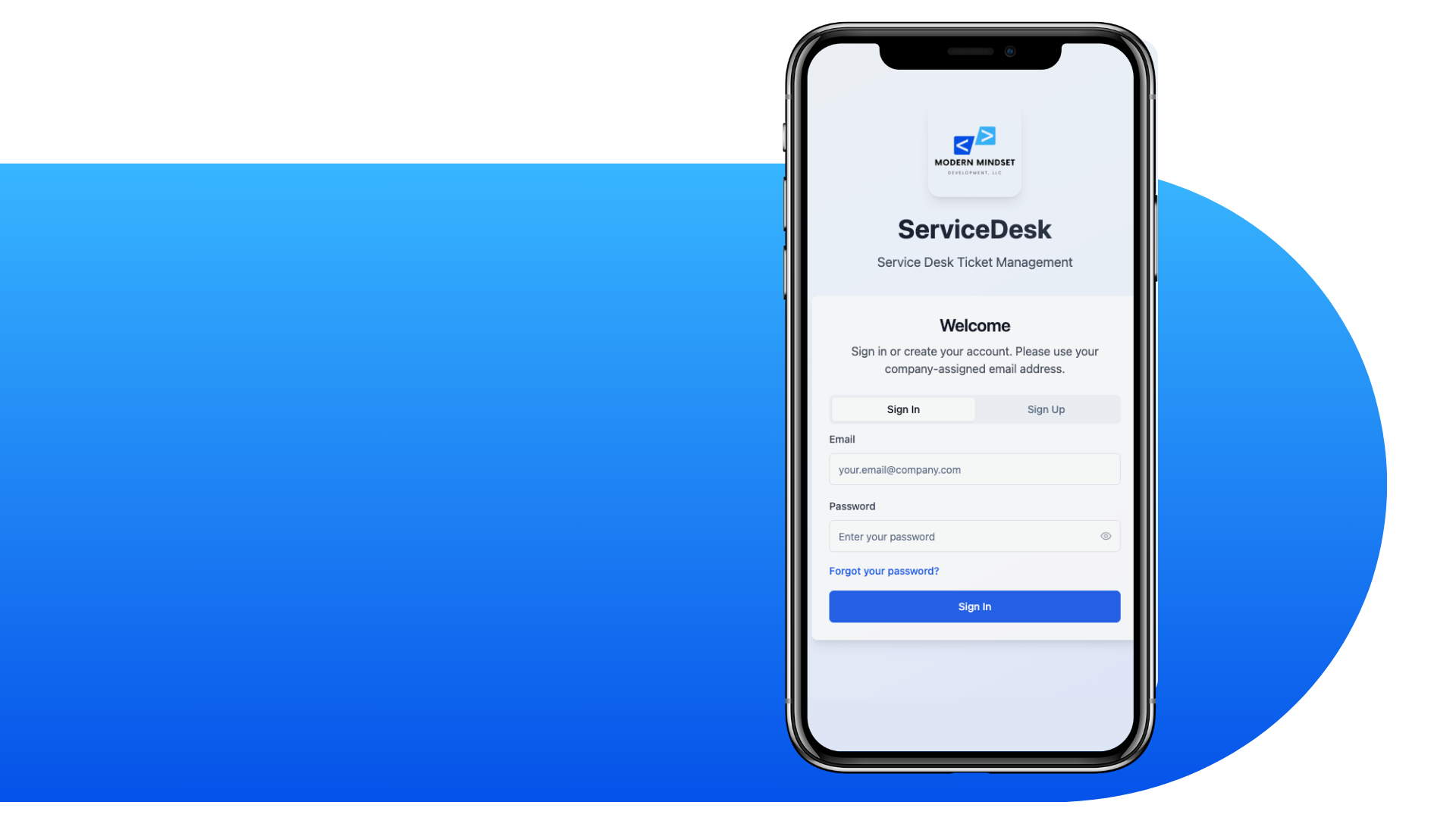 Smartphone displaying a service application interface. The background features blue with a circular shape on the right.