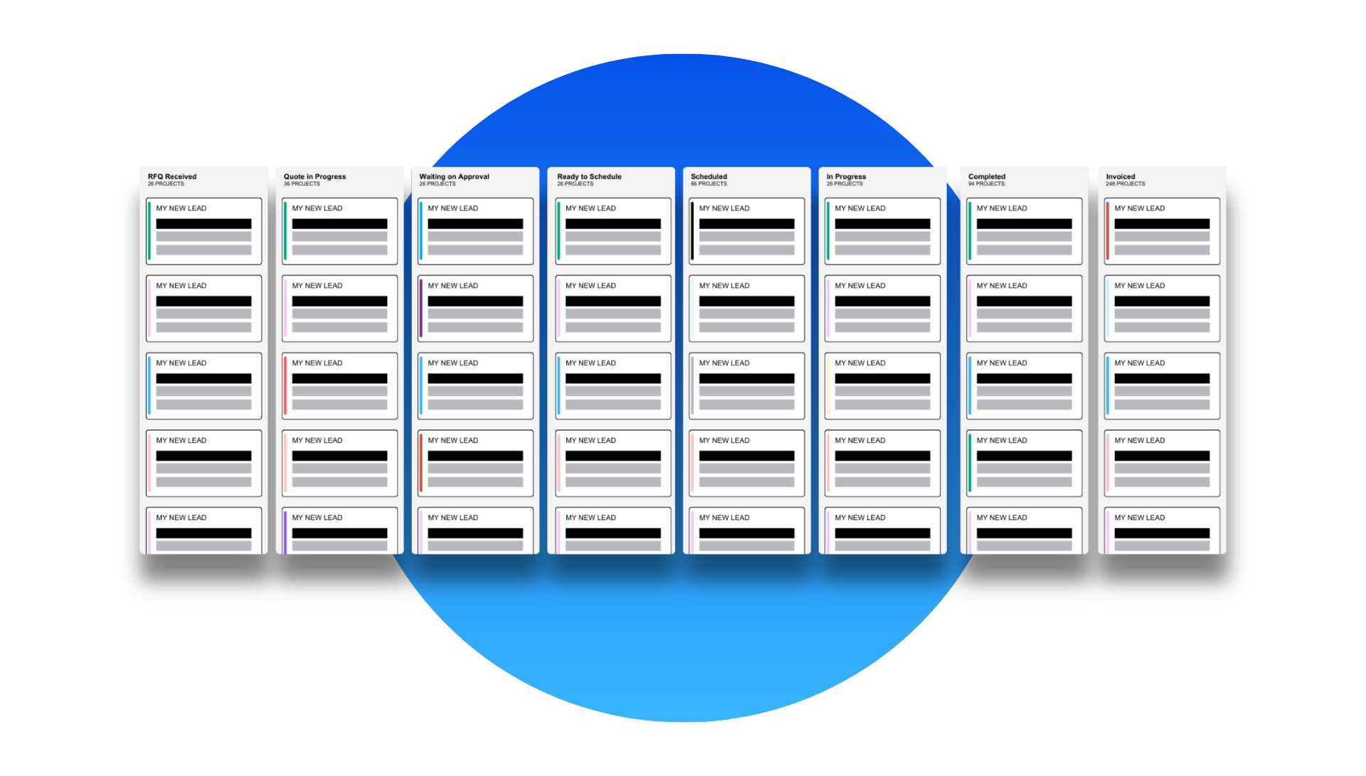 Multiple rectangular cards in a row, each with a title and blocks of text. They are in front of a large blue circle.