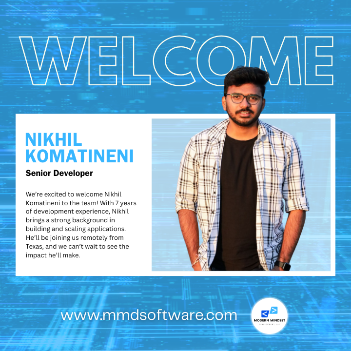Nikhil Komatineni, Senior Developer, wearing plaid shirt. Welcome sign over head, website address at bottom.