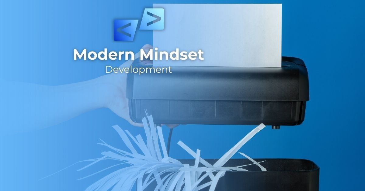 Blue promo graphic with “Modern Mindset” text and a black device printing white shredded paper