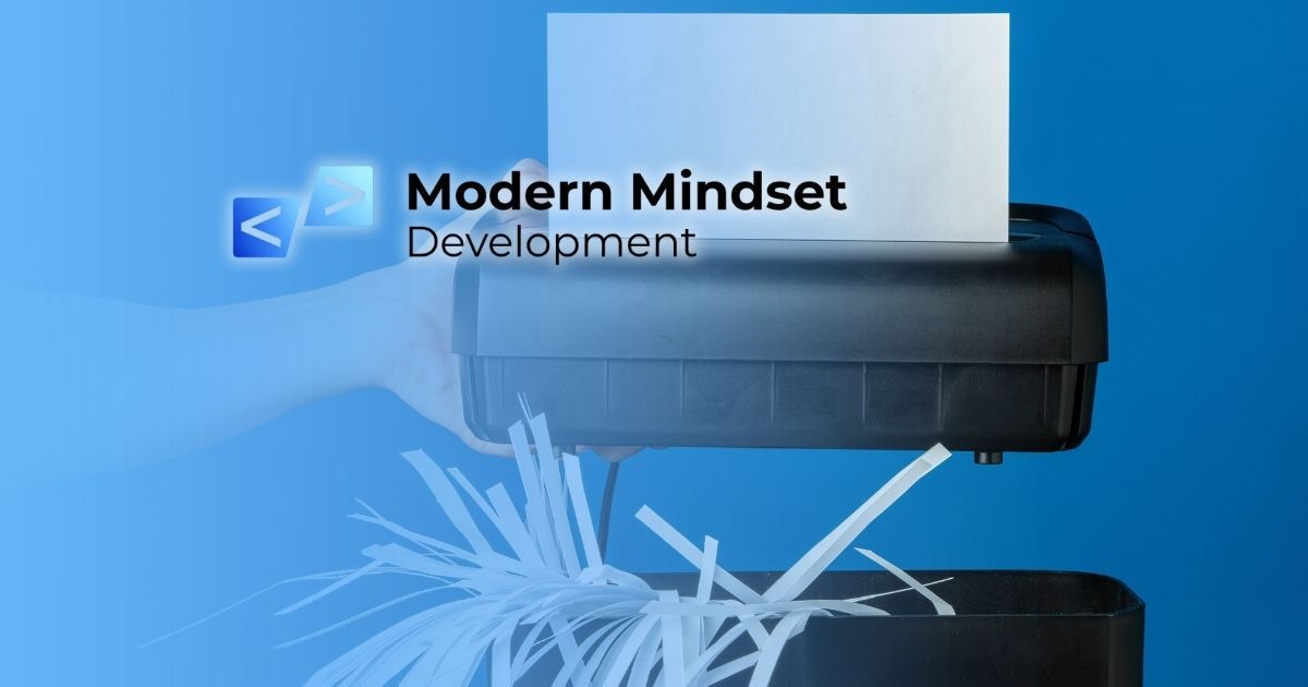 Blue promo graphic with “Modern Mindset” text and a black device printing white shredded paper