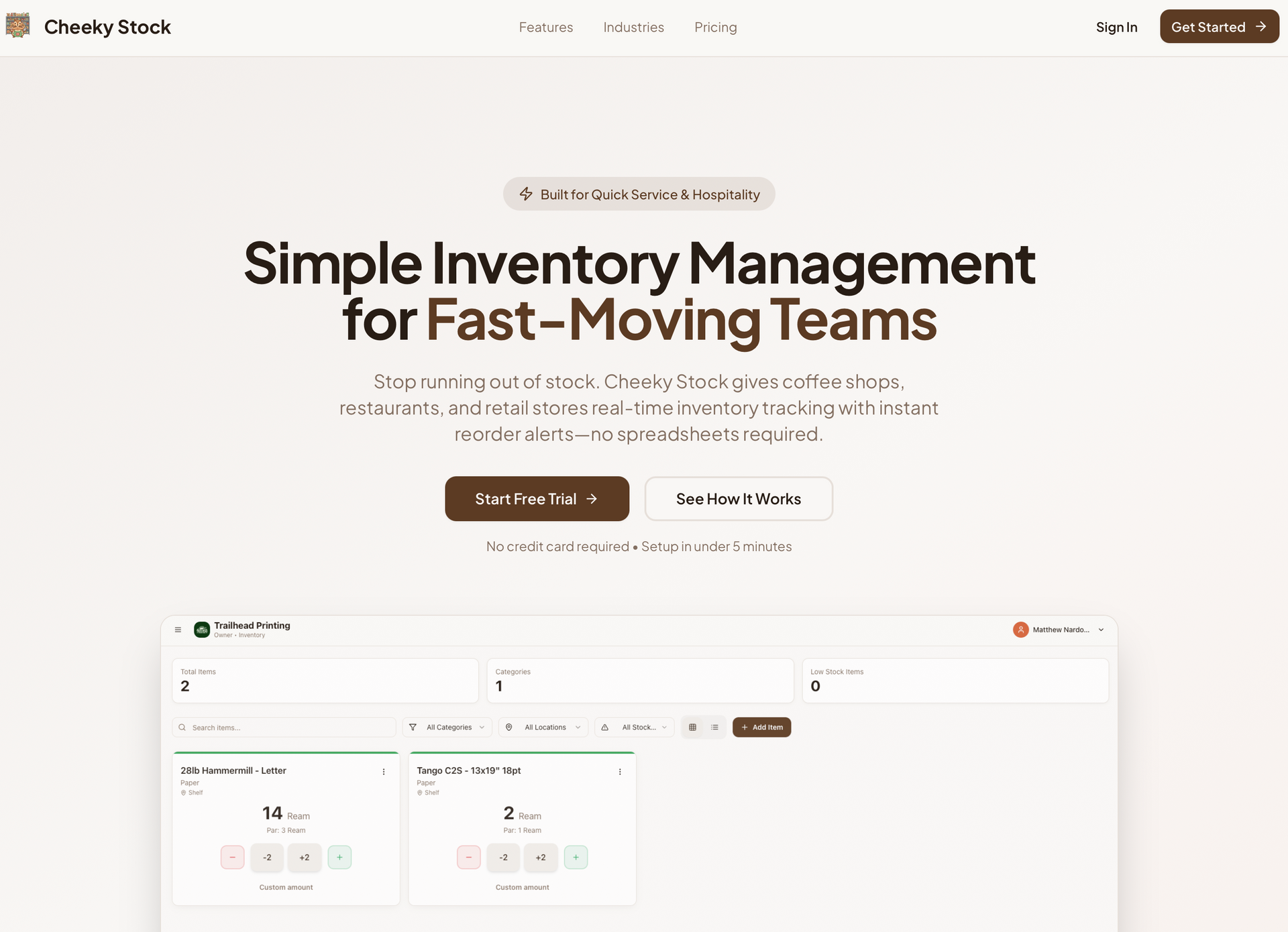 Cheek Stock promoting inventory management, featuring a screenshot of software interface.