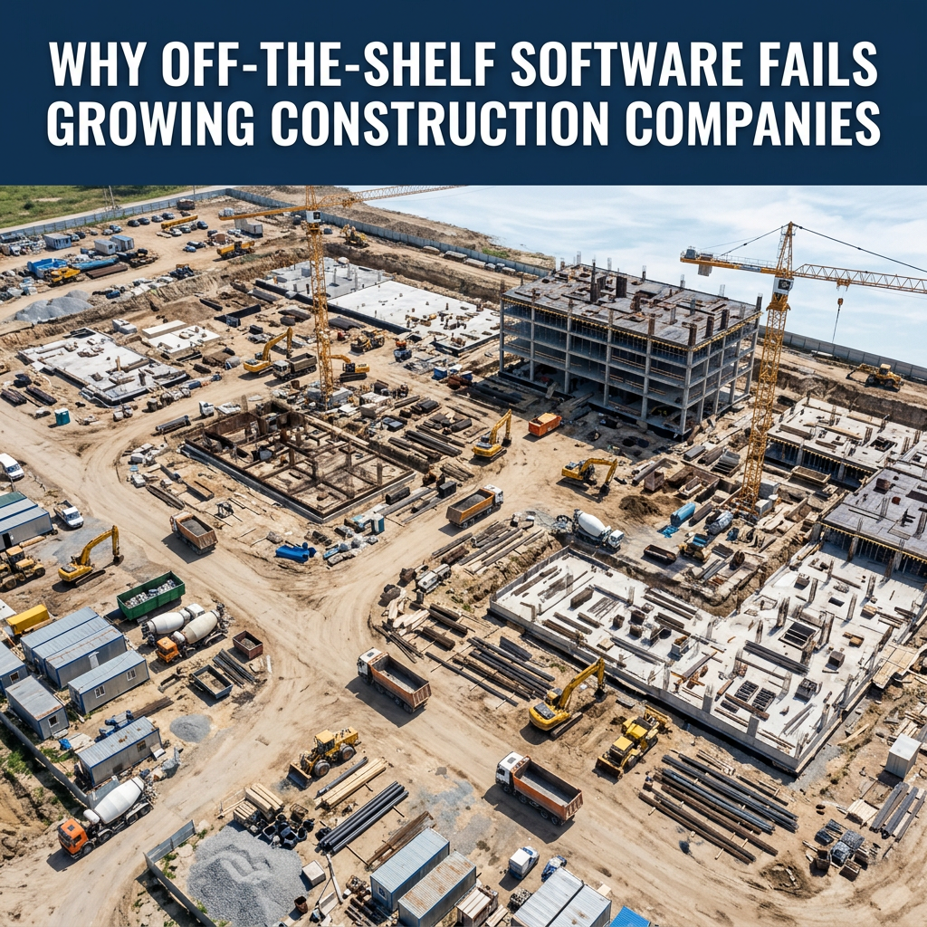 An aerial view of a busy construction site with cranes and buildings under construction, topped by the title text.