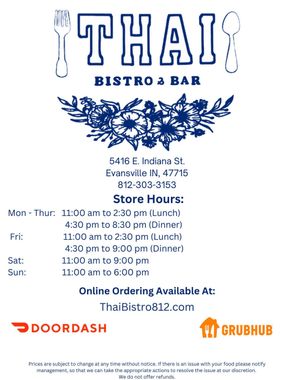 A menu for the thai bistro and bar