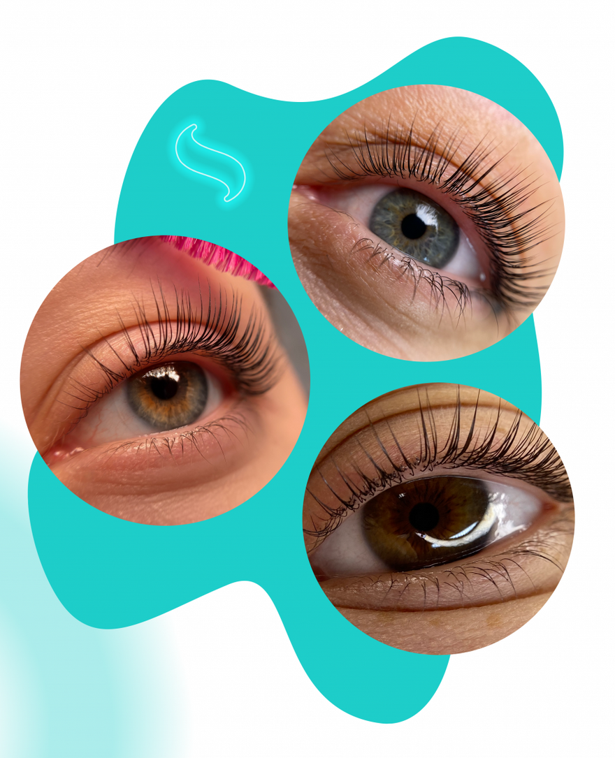 Tre primi piani degli occhi di una donna su uno sfondo blu laminazione ciglia inLei