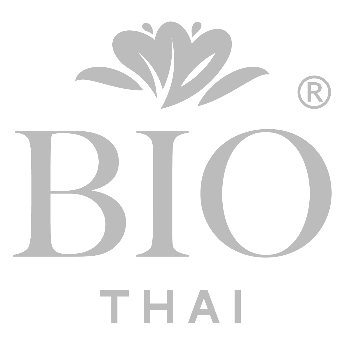 Il logo di bio thai è grigio e ha un fiore.
