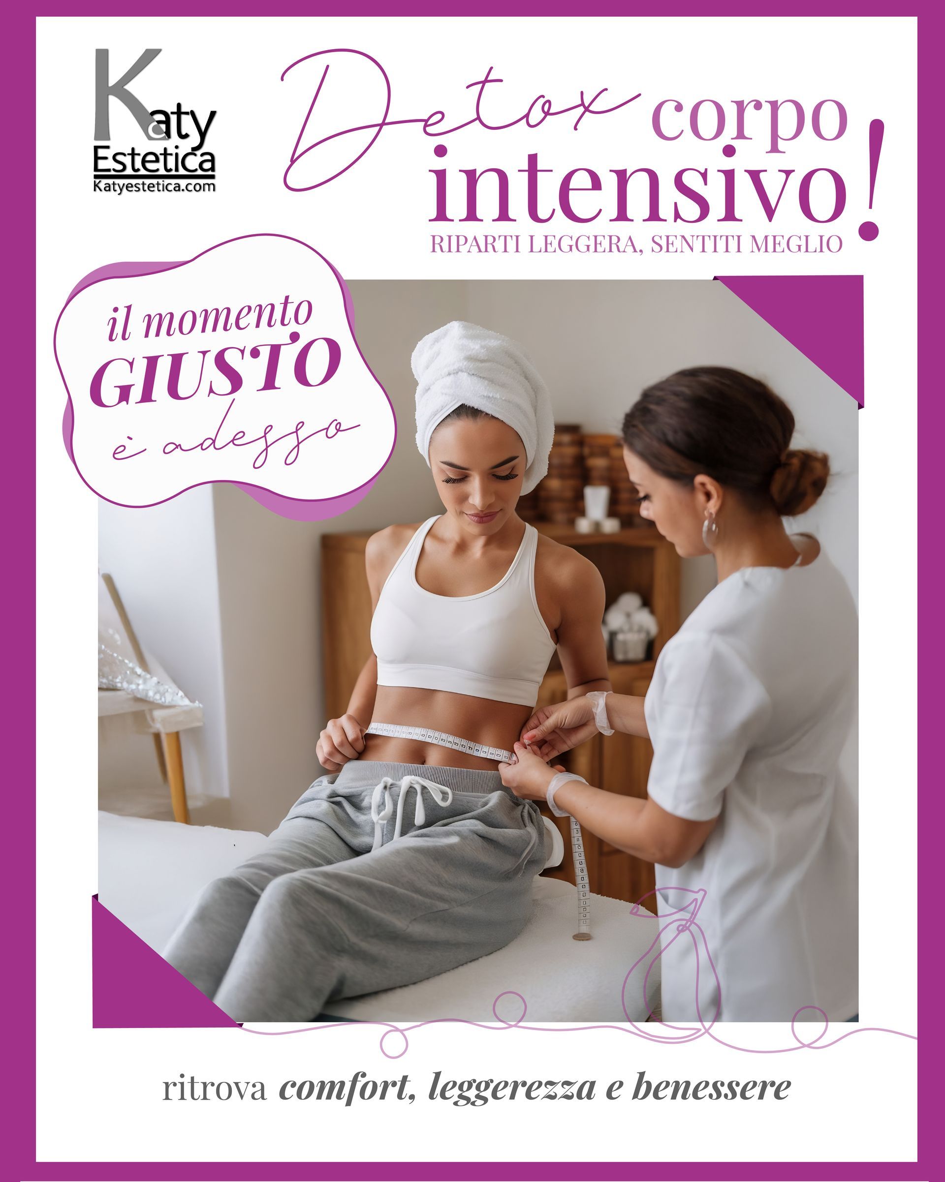 Donna che si fa misurare la vita, promozione del trattamento detox per il corpo con testo.