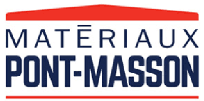 Logo pour Matériaux Pont-Masson : texte en bleu et forme de toit rouge.
