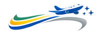 Stylized blue airplane with green, yellow, and blue swooshes and stars on a white background
