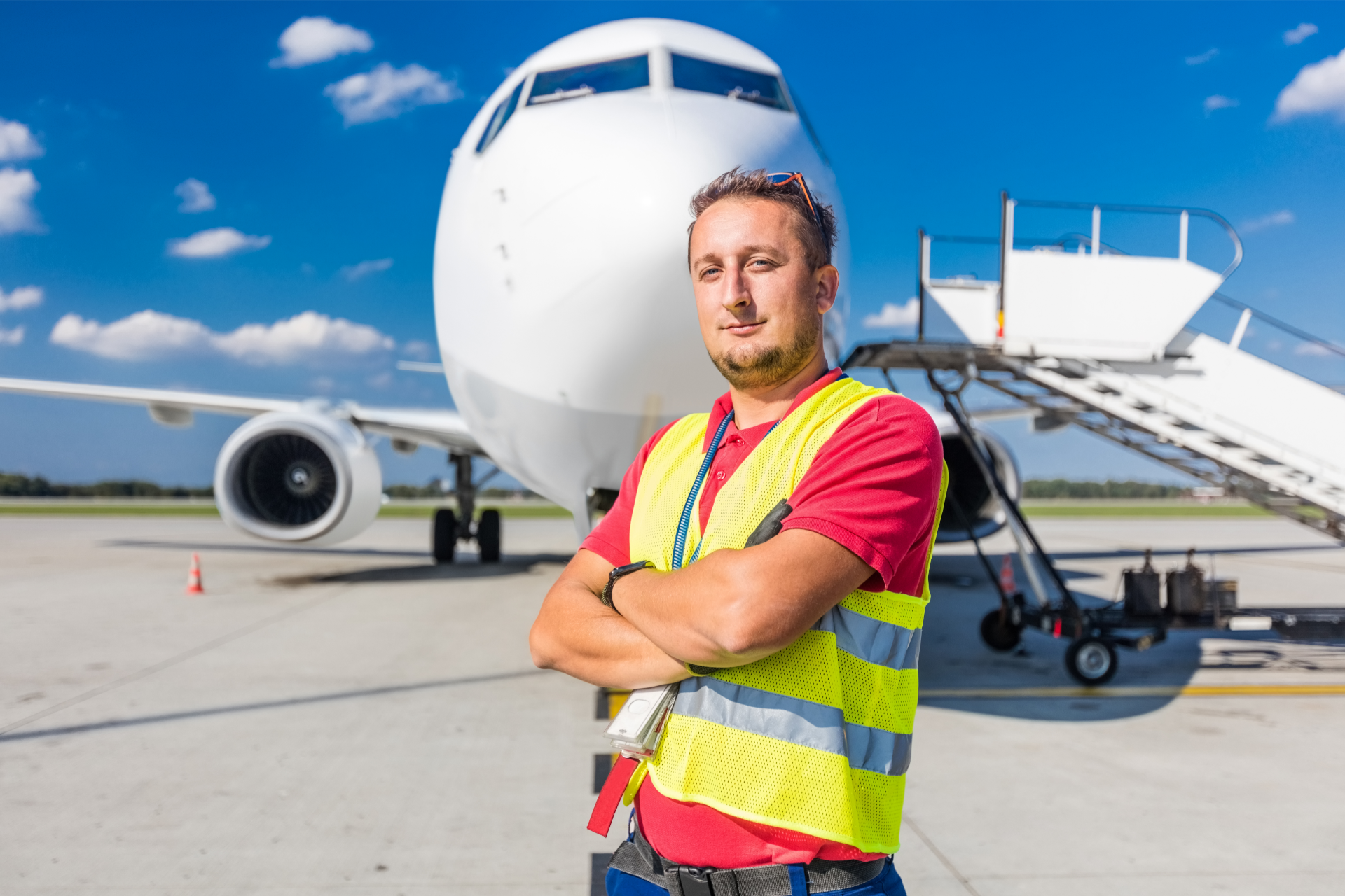 Airport ground crew worker in a reflective vest standing before a passenger jet on the tarmac