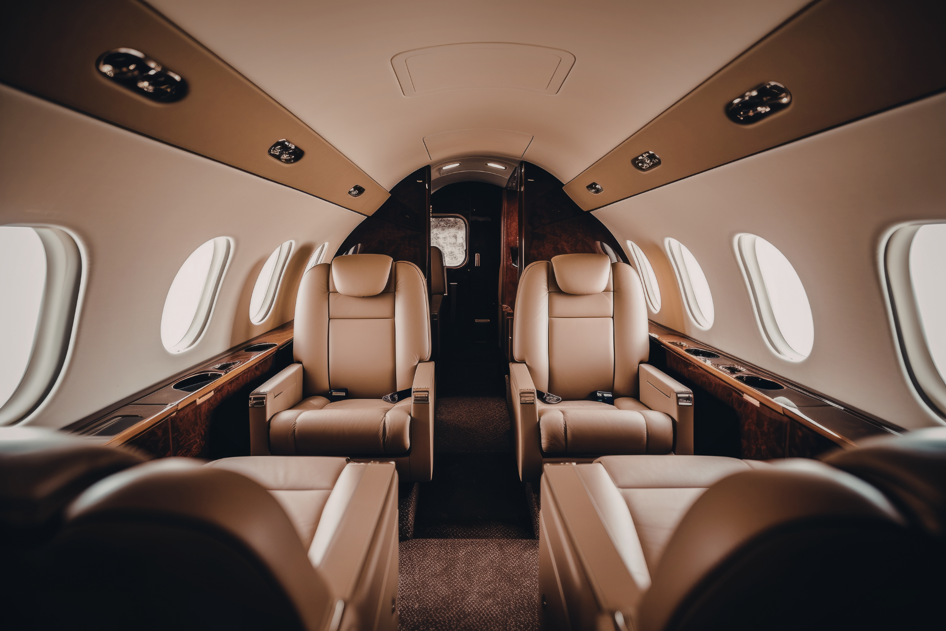 Luxurious private jet cabin with tan leather seats and oval windows