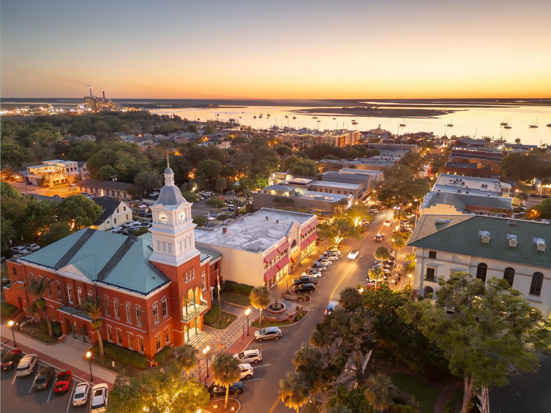 Overhead image of Amelia Island at sunset

