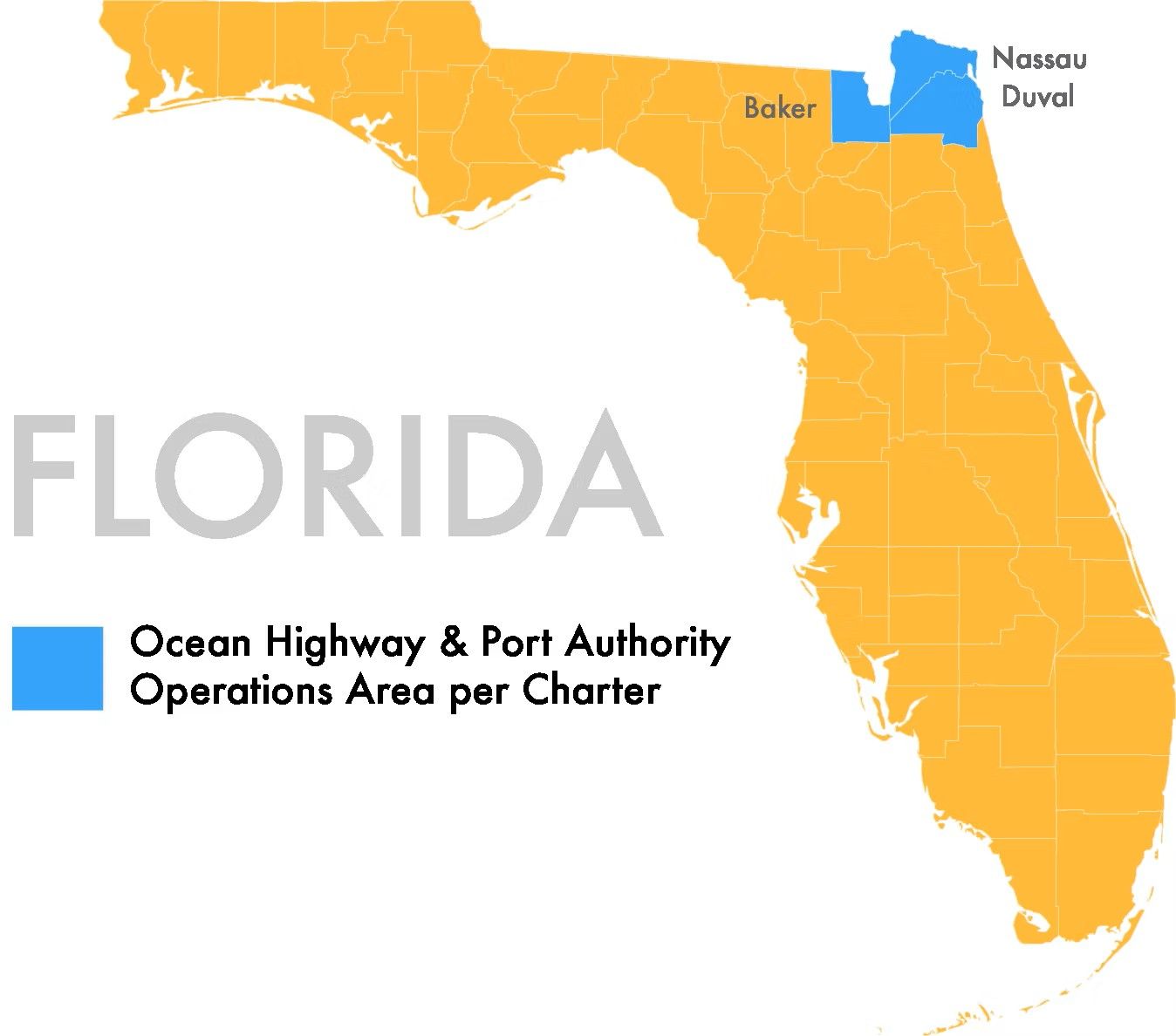 Picture of the state of Florida with Baker, Nassau, and Duval counties marked as OHPA Area per Charter