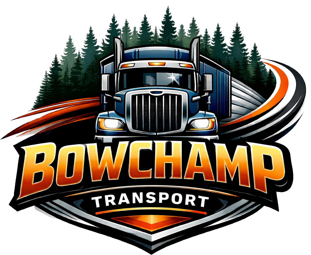 Logo for Bowchamp Transport featuring a blue semi-truck driving in front of a forest, with orange and black accents.