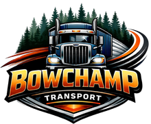 Logo for Bowchamp Transport featuring a blue semi-truck driving in front of a forest, with orange and black accents.
