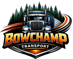 Logo for Bowchamp Transport featuring a blue semi-truck driving in front of a forest, with orange and black accents.