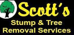 Logo for Scott's Stump & Tree Removal Services, featuring a green graphic and yellow text.