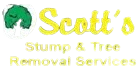 Logo for Scott's Stump & Tree Removal Services, featuring a green graphic and yellow text.