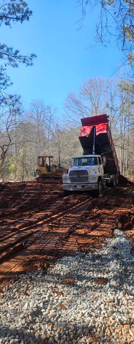 Dump truck unloading dirt at a construction site; bulldozer in the background. Blue sky, brown earth.